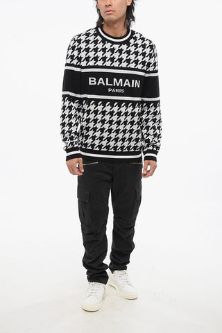Houndstooth Motif Linen Blend Crewneck Sweater