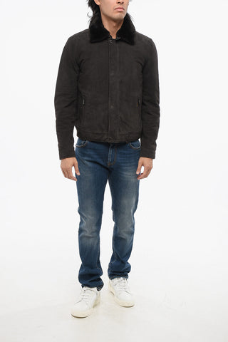 Bomber in Suede ANFOSSI con Collo in Pelliccia
