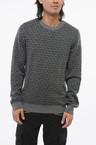 Wool-Linen Crewneck Sweater with All-Over Monogram