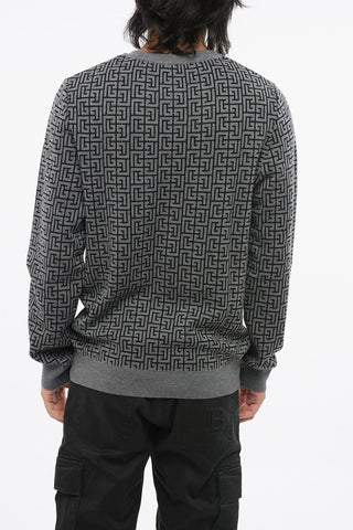 Wool-Linen Crewneck Sweater with All-Over Monogram