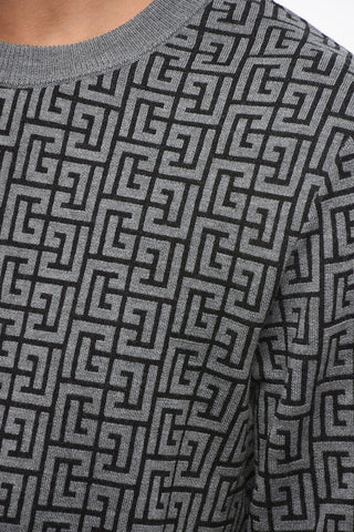 Wool-Linen Crewneck Sweater with All-Over Monogram
