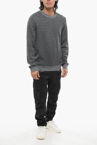 Wool-Linen Crewneck Sweater with All-Over Monogram