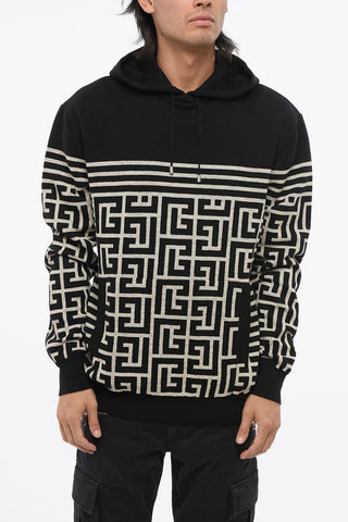 Hooded Wool Blend Sweater with All-Over Monogram