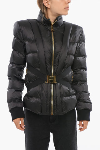Quilted Down Jacket with Golden Buckle Technical Belt