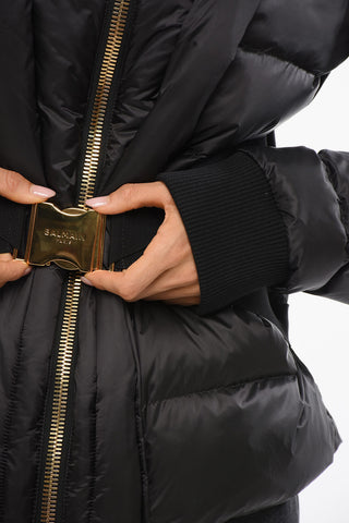 Quilted Down Jacket with Golden Buckle Technical Belt