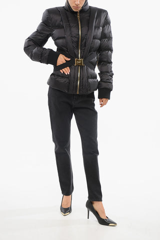 Quilted Down Jacket with Golden Buckle Technical Belt