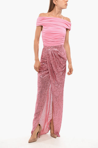 Vestito Paillettato con Scollo Drappeggiato