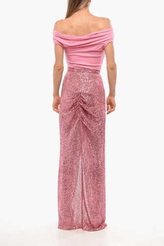 Vestito Paillettato con Scollo Drappeggiato