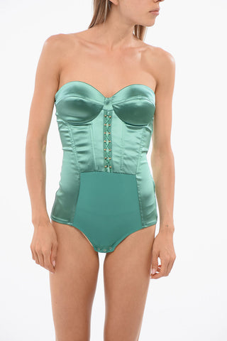 Satin Bodysuit with Front Lace-Up Detail