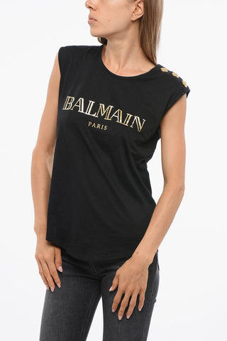 Solid Color Top with Printed Logo and Decorative Buttons