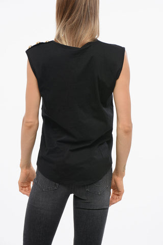 Solid Color Top with Printed Logo and Decorative Buttons