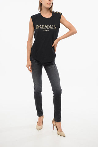Solid Color Top with Printed Logo and Decorative Buttons