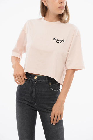 Solid Color Cropped T-Shirt with Flocked Logo