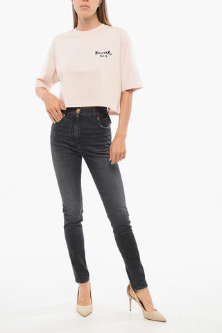 Solid Color Cropped T-Shirt with Flocked Logo