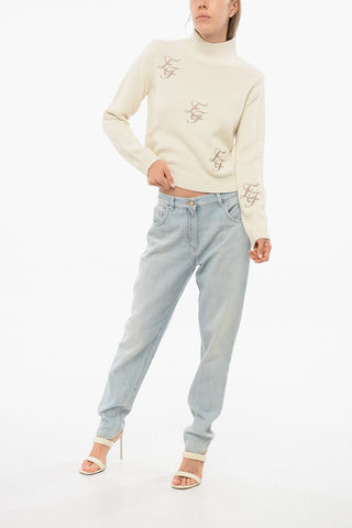 Maglia a Collo Alto in Misto Lana con Logo Ricamato