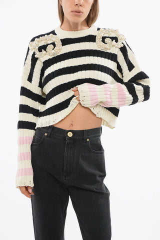 Striped Crew-neck Sweater with Decorative Beads