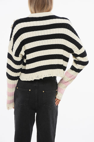 Striped Crew-neck Sweater with Decorative Beads