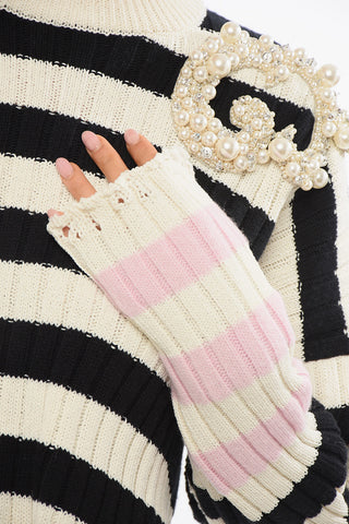 Striped Crew-neck Sweater with Decorative Beads