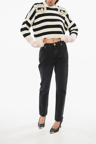 Striped Crew-neck Sweater with Decorative Beads
