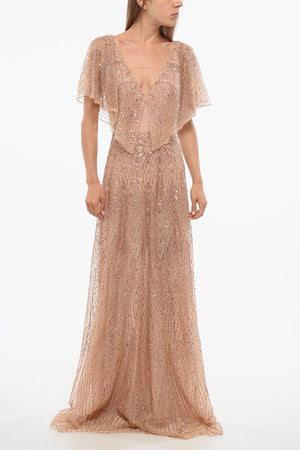 Sequined Chiffon Dress with Butterfly Sleeves