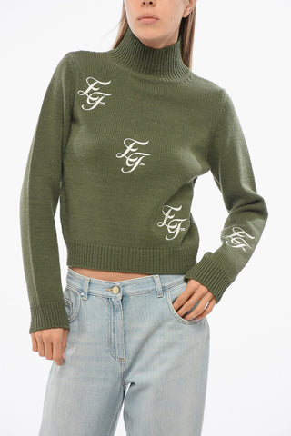 Turtleneck Wool Blend Sweater with Embroidered Logo