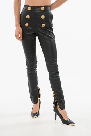 High-Waisted Skinny Leather Pants with Decorative Buttons