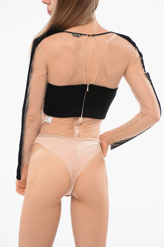 Long-sleeved Mesh and Velour Bodysuit