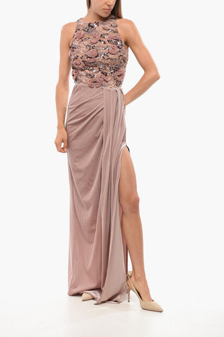 Besticktes Maxikleid mit Veloursrock