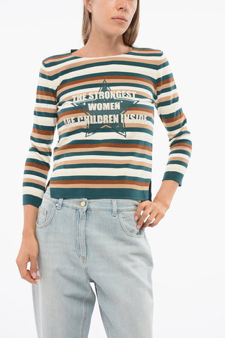 Crewneck Sweater with Bayadere Pattern and Print