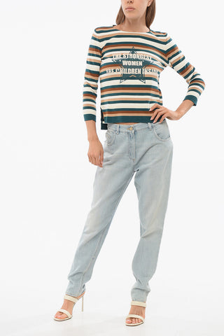 Crewneck Sweater with Bayadere Pattern and Print