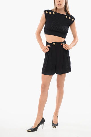 Shorts in Uni mit hoher Taille und goldenem Knopf