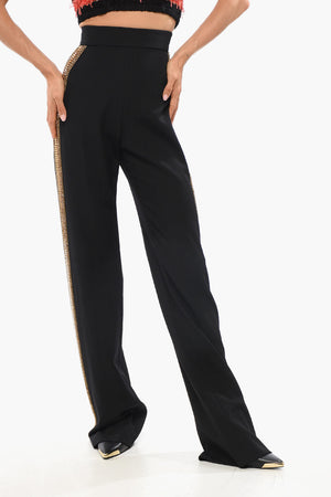 High-Waisted Wool Trousers with Side Bands Embellished with Jewelry