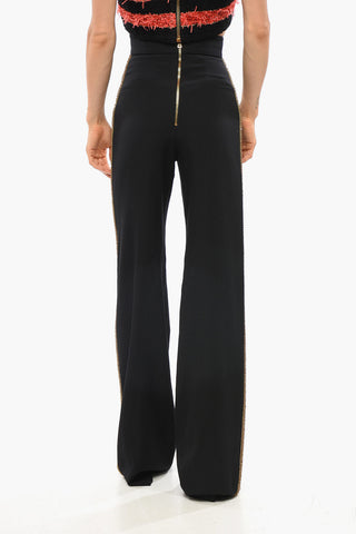 High-Waisted Wool Trousers with Side Bands Embellished with Jewelry