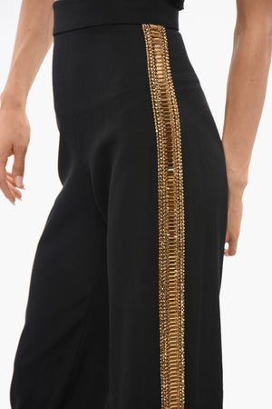 High-Waisted Wool Trousers with Side Bands Embellished with Jewelry