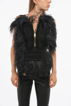 Solid-Color Top with Gold Zip and Tone-on-Tone Feather Trim