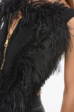 Solid-Color Top with Gold Zip and Tone-on-Tone Feather Trim