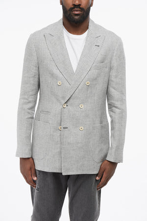 Doppelreihiger Blazer aus Pied-de-Poule-Leinen mit aufgesetzten Taschen