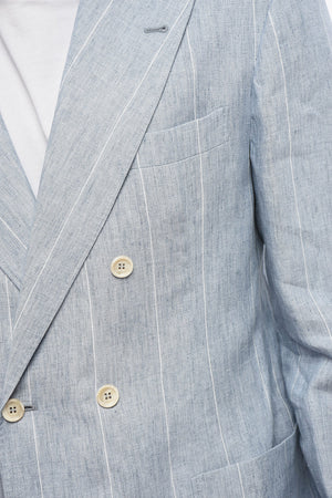 핀스트라이프 리넨 더블 브레스티드 블레이저 피크 라펠