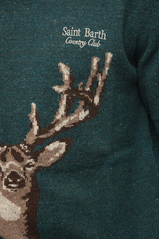 Wool Blend COUNTRY CLUB Crew-neck Sweater with Deer Embroidery