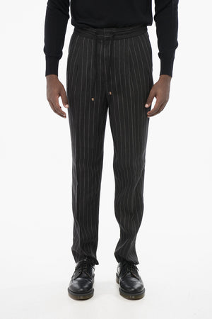 Pinstriped Linen Two-Pleat Trousers with Drawstring