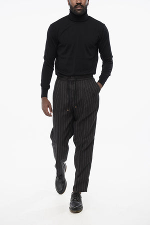 Pinstriped Linen Two-Pleat Trousers with Drawstring