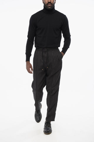 Pinstriped Linen Two-Pleat Trousers with Drawstring