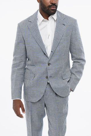 Abito in Misto Lino District Check con Tasche ad Aletta