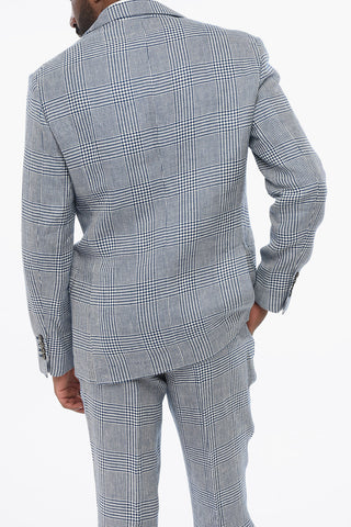 Abito in Misto Lino District Check con Tasche ad Aletta