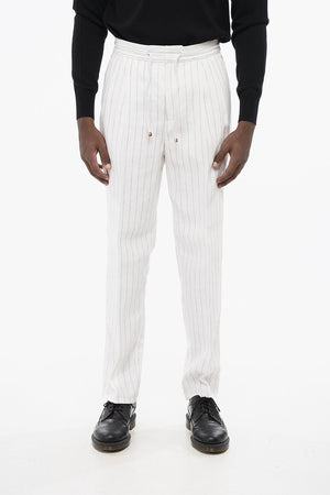 Pinstriped Linen Two-Pleat Trousers with Drawstring