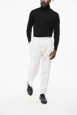 Pinstriped Linen Two-Pleat Trousers with Drawstring
