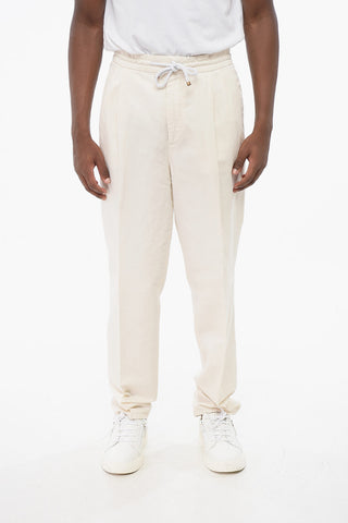 Double-breasted Linen Blend Pants with Elastic Waistband