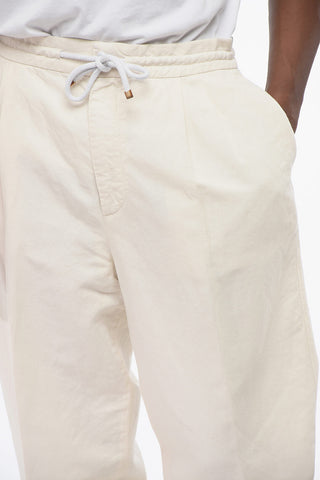 Double-breasted Linen Blend Pants with Elastic Waistband