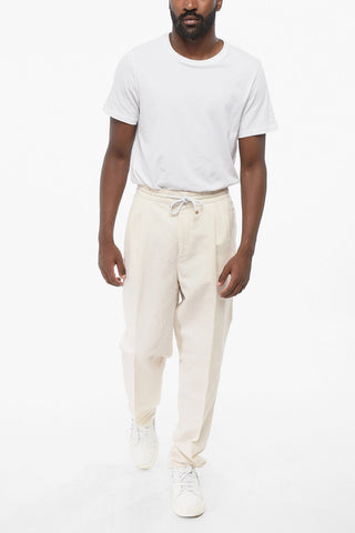 Double-breasted Linen Blend Pants with Elastic Waistband