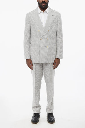 Wool-Blend Double-Breasted Suit with Pied De Poule Pattern